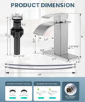 Waterfall Style Brushed Nickel One Hole Bathroom Sink Faucet With dimensions, pop up drain, supply line, deck plate