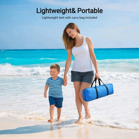 Woman and child walking on beach carrying Portable Beach Sun Shelter For Families And Groups, Grab And Go Easy Setup Cabana Tent in bag