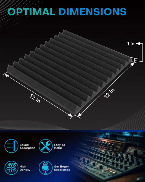 Crush Echo And Level Up Your Home Studio Setup With This Solid 96 Pack Of High Density Black Acoustic Foam Panels That Absorb Noise And Smooth Room Vibes While Keeping Things Real Clean, 12x12 inches, 1 inch thick.