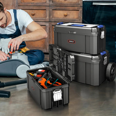 3 In 1 Rolling Toolbox With Wheels, Stackable Modular Tool Storage System, Portable Toolbox With Detachable Parts Box Organizer in a workshop