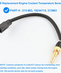 Coolant temperature sensor with wiring harness, brass probe, black connector, angled view