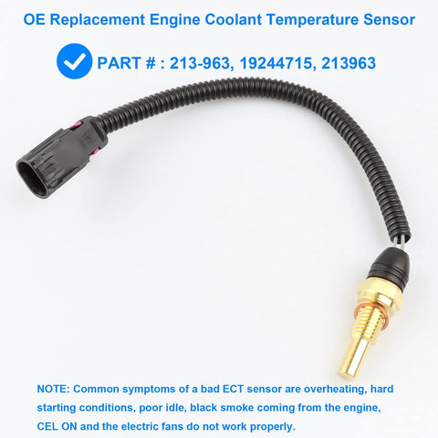 Coolant temperature sensor with wiring harness, brass probe, black connector, angled view