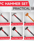 Six-Piece Rubber Mallet Hammer Set with Dead-Blow, Sledge, Stoning, Ball Peen, Claw, Anti-Vibration Handles