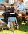 Person using Dope Portable Mesh Shower Caddy With Seven Pockets, Freestanding Dorm Organizer Bag, quick dry black tote outdoors.