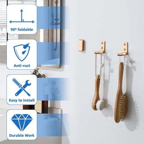 Foldable Wall Mount Towel And Coat Hooks Built With Heavy Duty Aluminum Alloy Featuring A Slick Gold Finish 4 Pack Hat Hangers Quick Install Bathroom Storage with brushes mounted on wall