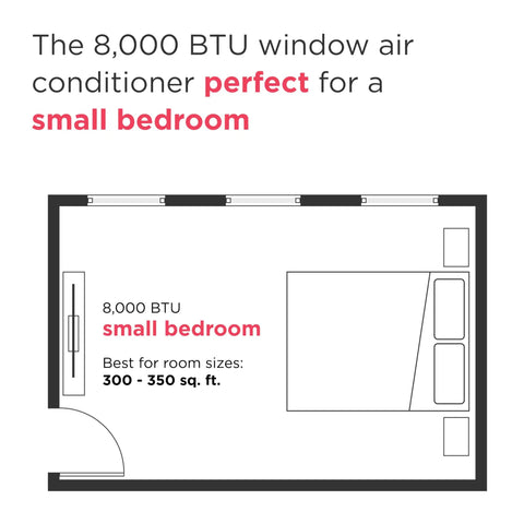 Layout of small bedroom showing space for Big Chill 8000 BTU Smart Window Air Conditioner With Reliable WiFi Link And Voice Activated Controls For Rooms Near 350 Sq Ft.