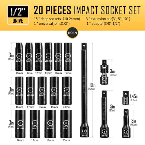 One Half Inch Drive Deep Impact Socket Set, 20 Piece CR V Steel Metric Sockets 10mm Through 24mm, Includes Extension Bars