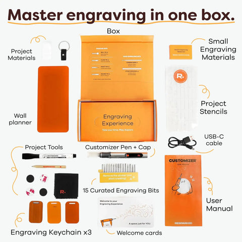 Customizer Special Edition Engraving Kit DIY Starter Set With Engraving Pen And Bits And Materials for Beginners included items overview.