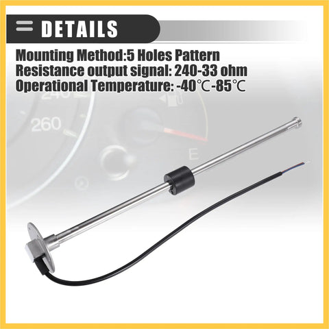 Heavy Duty Universal Fuel Sending Unit Float Sensor With Slick Durable Stainless Steel Arm For Boats Trucks And Rvs Anti Corrosion Diesel Gas Tank Water Level Replacement showing 240-33 ohm sensor with five hole mounting.