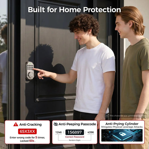 No More Fumbling Keyless Entry Door Lock For Front Door With Keypad And One Hundred Stored Codes Rock Solid Electronic Deadbolt installed on black door.