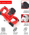 Beefy 2300W Portable Electric Cement Mixer with high-quality red casing, featuring air vent design and secure grip handles in close-up view.