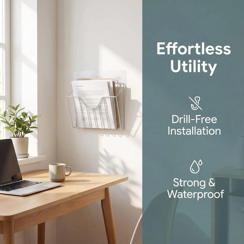 5Pc Heavy Duty Wall Mounted Storage Rack Featuring Hardcore Adhesive Hooks For Bathroom And Shower Caddy No Sweat Rent Friendly Plastic Shelf Rack Quick Grip Design attached to a wall with documents.