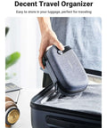 Rugged Hardshell Tech Organizer Travel Case Packs All Your Fresh Gadgets Square With Nifty Double Layer Pouch For Cables Chargers And Memory Cards In Sleek Space Grey being lifted from luggage.