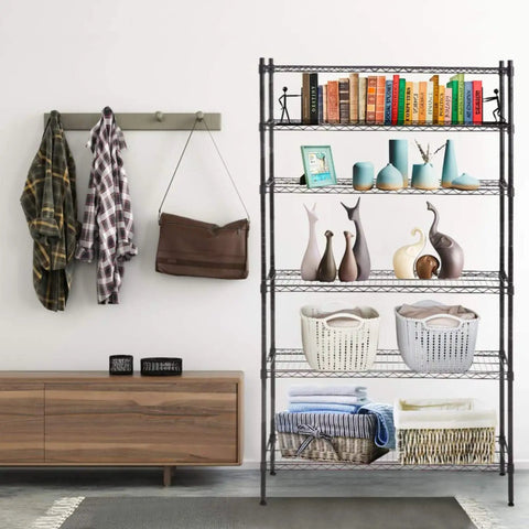 Heavy Duty Adjustable Wire Shelving Unit Featuring Six Tier Metal Storage Rack Rock Solid Design tailored for garage organization and closet storage with custom height adjustments and matte black finish, displaying books and decorative items.