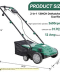 Two In One Electric Dethatcher And Scarifier For Lawns 13 Inch Walk Behind Dethatcher With Four Position Depth Adjustment 12 Amp