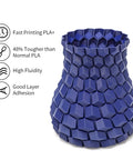 Top Shelf Fast Printing 3D Printing Filament PLA Plus 1.75mm Pro Grade High Speed Material For Killer Precision One Kilogram Heavy Duty Cardboard Spool Smooth Sailing Results In Stunning Dark Blue print of a hexagonal vase.