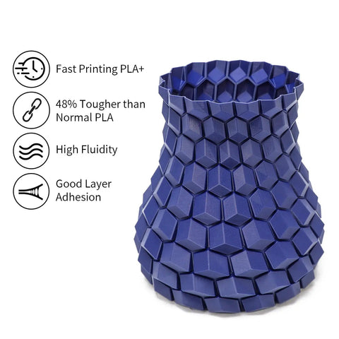 Top Shelf Fast Printing 3D Printing Filament PLA Plus 1.75mm Pro Grade High Speed Material For Killer Precision One Kilogram Heavy Duty Cardboard Spool Smooth Sailing Results In Stunning Dark Blue print of a hexagonal vase.