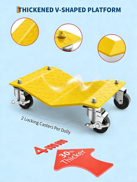 Heavy Duty Car Wheel Dolly Set Beefy Steel Frame 6000 Pound Capacity 360 Degree Swivel Casters, yellow V-shaped platform with locking casters.
