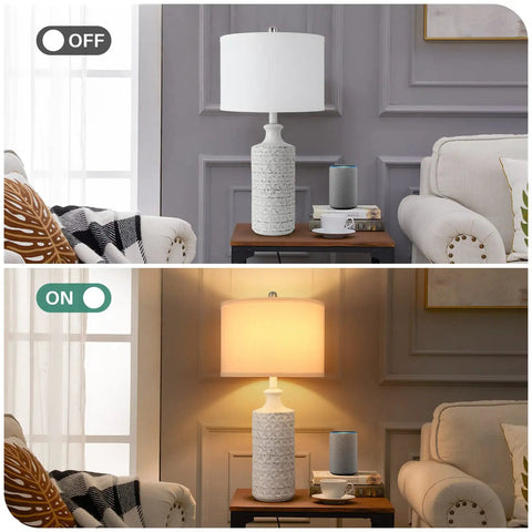 Farmhouse Ceramic Table Lamp With White Fabric Shade, Modern Tall Desk Lamp, On and Off in Cozy Living Room Setup, Bulb Not Included