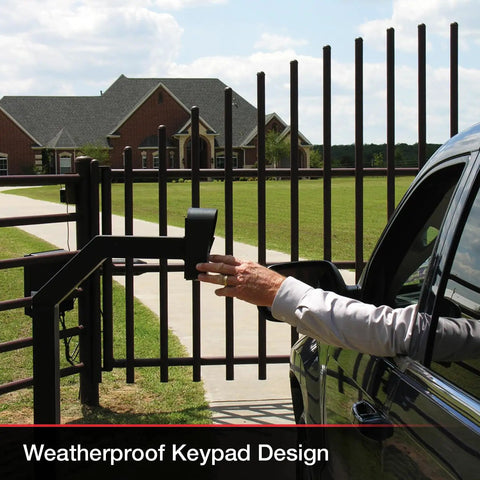 Wireless Weatherproof Gate Keypad FM137 in use at a driveway gate, black numeric access pad with simple programming