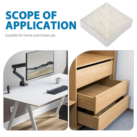 Sturdy Fabric Drawer Organizer Box With Segmented Compartments For Socks Underwear And Clothing Sorter Prime Home Setup on a desk with drawers.