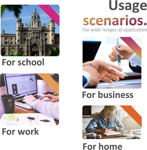 Usage scenarios: images showing a school building, business meeting, person working on laptop, and person reading at home.