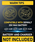 Warm tips graphic stating Tough As Nails Compact Three Inch Brushless Circular Saw compatible with DeWalt 20V battery.