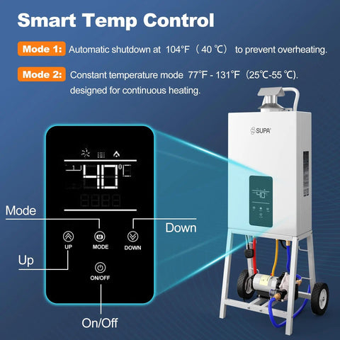 Powerful 105000 BTU Propane Pool Heater with digital thermostat and portable wheels for heating above ground pools and hot tubs.