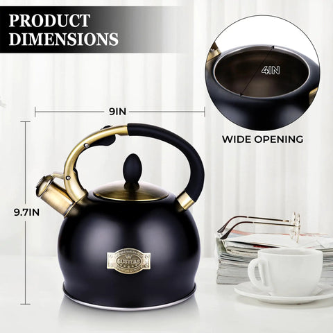 Stove Top Whistling Tea Kettle 2.64 Quart With Food Grade Stainless Steel Teakettle And No Sweat Cool Touch Ergonomic Handle, Push Button Pouring, Includes Silicone Mitt, Black Finish, black kettle with wide opening shown with cup