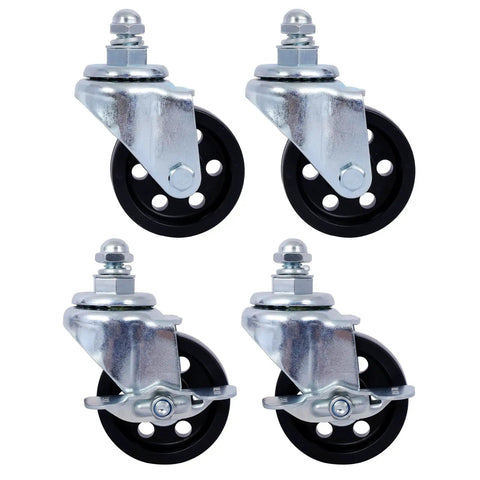 Four Piece Heavy Duty Car Wheel Dollies Rock Solid Steel Vehicle Movers Built Tough For No Sweat Garage Hauls Featuring Anti Skid Grips showing durable black wheels with steel frames.