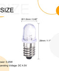 Tough As Nails E10 Screw Base LED Bulbs With Crisp White Glow DC 4.5V 0.25W Miniature Lamps size comparison with dimensions.
