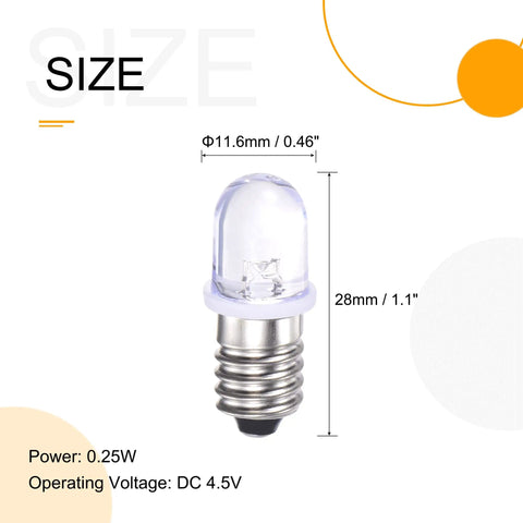 Tough As Nails E10 Screw Base LED Bulbs With Crisp White Glow DC 4.5V 0.25W Miniature Lamps size comparison with dimensions.