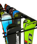 Heavy Duty Wall Mount Ski Storage Rack Designed To Hang Ten Pairs Of Skis And Poles with colorful ski tips displayed.