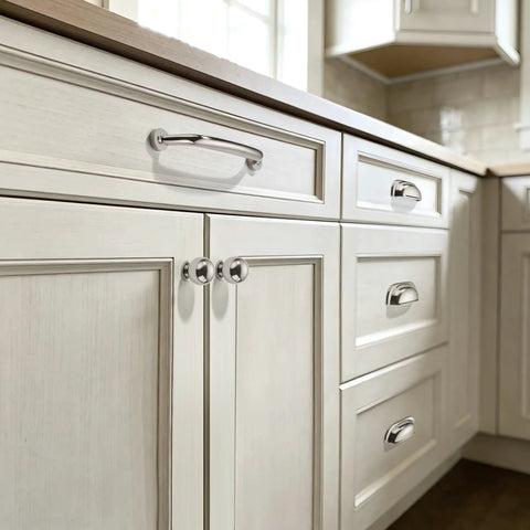 10 Pack Kitchen Cup Cabinet Handles Two Point Five Inch Spacing Polished Nickel Drawer Pulls Durable Zinc Alloy Hardware installed on cabinets