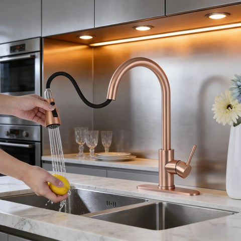 Copper Rose Gold Kitchen Faucet For Deck Mount With Three Way Spray Pause Setting Lead Free 304 Stainless Steel Single Handle Easy Installation Durable Finish And Quick Water Flow with 360° high-arc spout.