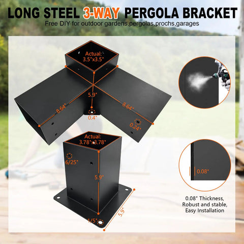3 Way Pergola Brackets Kit For 4x4 Beams With Post Anchors, DIY Right Corner Wood Brackets For Patio Pergolas, Gazebos, And Log Cabins, Hardware Included, No Hassle Setup, 8 Pack, Heavy Duty Galvanized Steel With Matte Black Finish