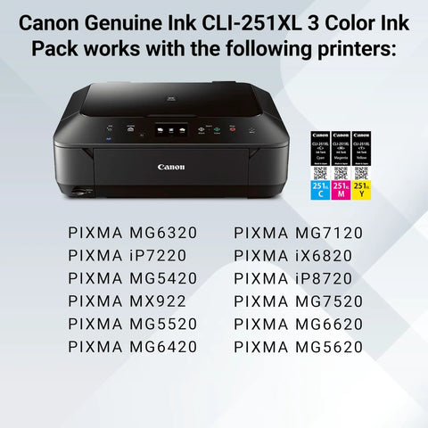Canon printer with CLI-251XL Three Color Ink Pack For Photo Printers Cyan Magenta Yellow High Yield Set and compatible models list.