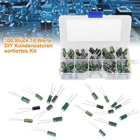 Top Shelf Audio Capacitor Assortment Kit 100 Pieces Of Durable Electrolytic Radial Capacitors 10Uf Through 470Uf And 10V Through 63V Voltage Range for DIY projects in clear storage box.