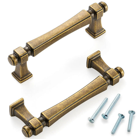 French Style Antique Brass Cabinet Pulls 3 Inch Center To Center Solid Metal Drawer Handles with screws for kitchen.
