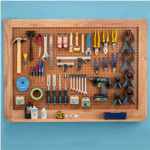Hang Tight Pegboard Hooks Kit With Locking Design 32-Piece Tool Organizer Set And Screwdriver Holder on a wall panel