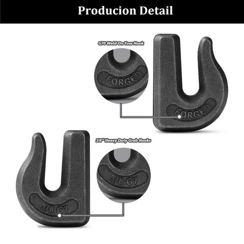 Two close-up views of Three Eighths Inch Weld On Grab Hooks Four Pack Heavy Duty Clevis Hooks G70 with 'FORGED' marking