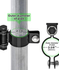 Heavy Duty Gate Hinges For Chain Link Fences Tough As Nails Carbon Steel With Electroplated Rust Resistant Finish Fits 2 3 8 Inch Posts For Farm Yard Gates Real Deal Installation Two Pack Black close-up showing hinge on 2-3/8 inch pipe