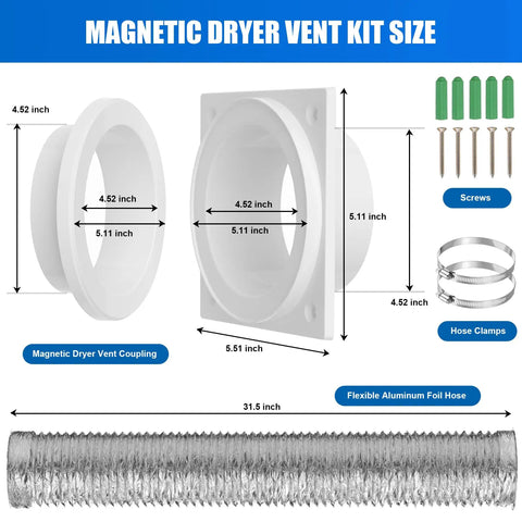 Magnetic Dryer Vent Connection Kit With Self Aligning Airtight Seal And Hands Free Quick Connect Disconnect dimensions and components