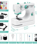 Mini Electric Sewing Machine With Extension Table And 56 Accessory Pieces, 12 Built In Stitches For Beginners, side view with measurements displayed.