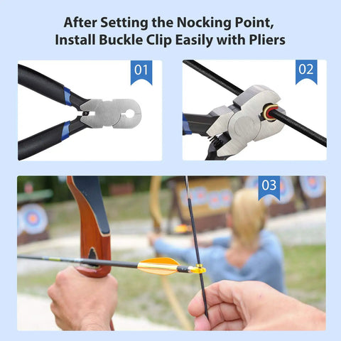 Installation process of All In One Archery Bow String Nocking Points Kit with Buckle Pliers and T Shape Bow Square on recurve bow.