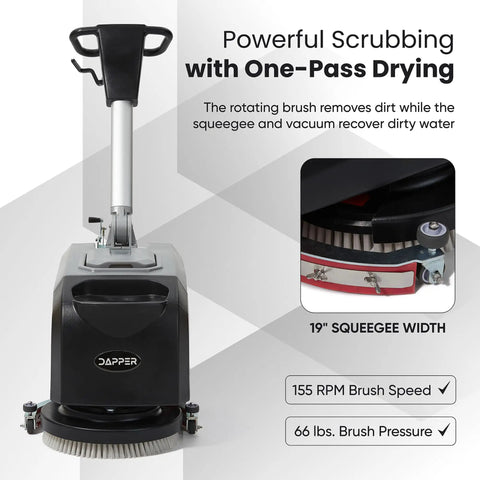 Front view of Battery Powered Walk Behind Floor Scrubber Buffer Polisher with Foldable Handle, 15 Inch Brush, 19 Inch Squeegee.