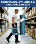 Man carrying Powerful 1000 CFM Air Mover Blower, showing stackable design for home, industrial, and commercial use in storage area.