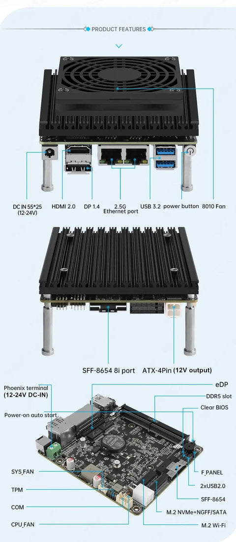 Get Your Hands On This Intel N150 Fanless Mini Pc Firewall Router Built To Last For Smooth Home Labs Featuring Dual Multi Gigabit Lan Ports Ddr5 Nvme Slots And Plug And Play Networking Ease, showing ports and features.