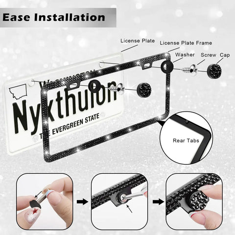 Glitzy License Plate Frame Set For Women, showing installation instructions with rhinestone frame and glitter crystal caps.