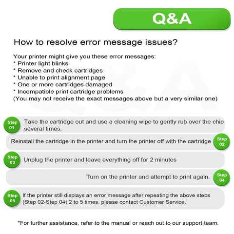 Guide on resolving printer error messages with steps for troubleshooting issues affecting 63XL Tri Color Ink Cartridges Replacement For HP Printers 2-Pack High Yield Color Ink For HP63 Series.